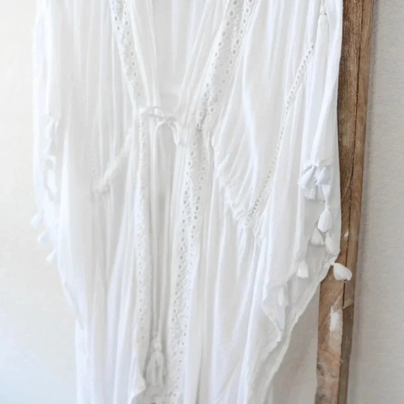VINCE CAMUTO KIMONO SZ O/S WHITE TIE-FRONT COVER-UP TOP WITH TASSELS BOHO - Picture 7 of 11